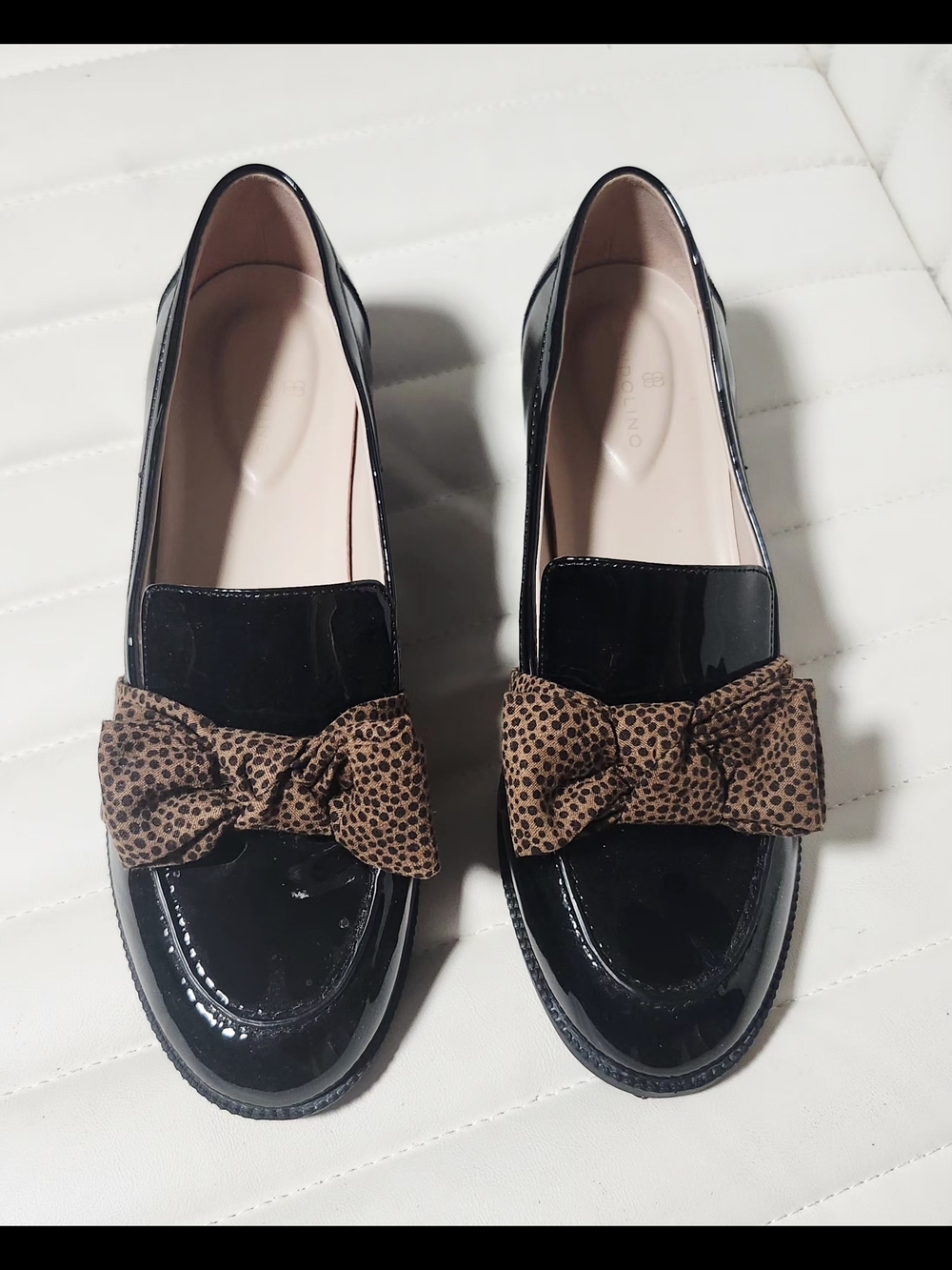 Bandolino Women's Lindio Black Patent Loafers with Brown Bow Detail